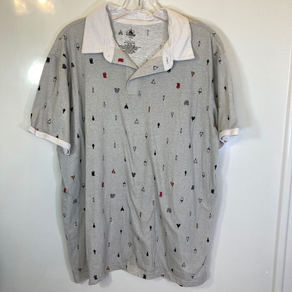 Disney SNACKS Gray Polo Shirt Sz L Short Sleeve Pretzel Turkey Leg Mickey Bar